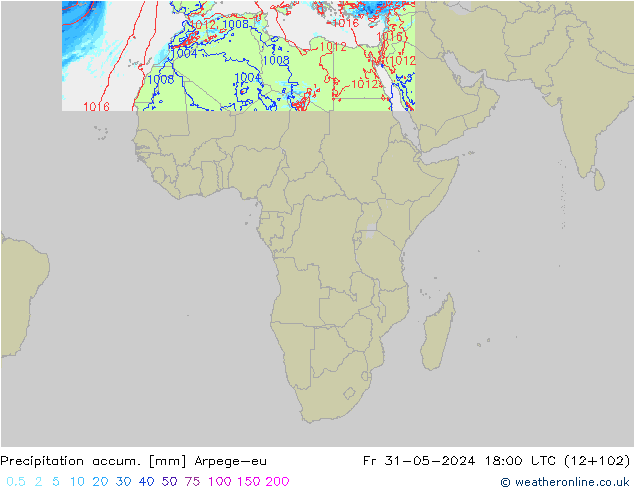 Totale neerslag Arpege-eu vr 31.05.2024 18 UTC