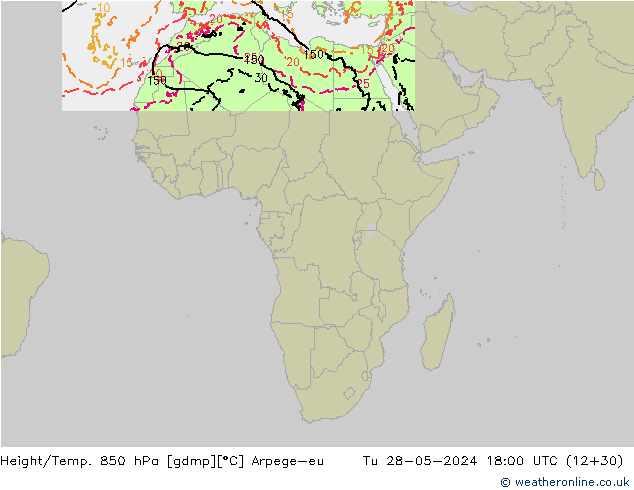 Hoogte/Temp. 850 hPa Arpege-eu di 28.05.2024 18 UTC