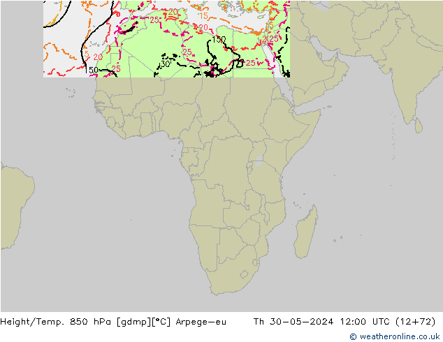 Geop./Temp. 850 hPa Arpege-eu jue 30.05.2024 12 UTC