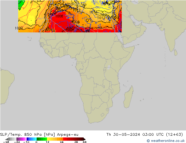 SLP/Temp. 850 hPa Arpege-eu Do 30.05.2024 03 UTC