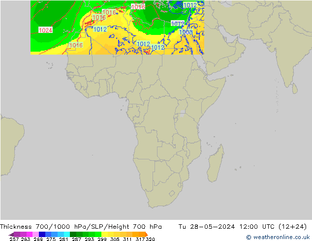 Thck 700-1000 гПа Arpege-eu вт 28.05.2024 12 UTC