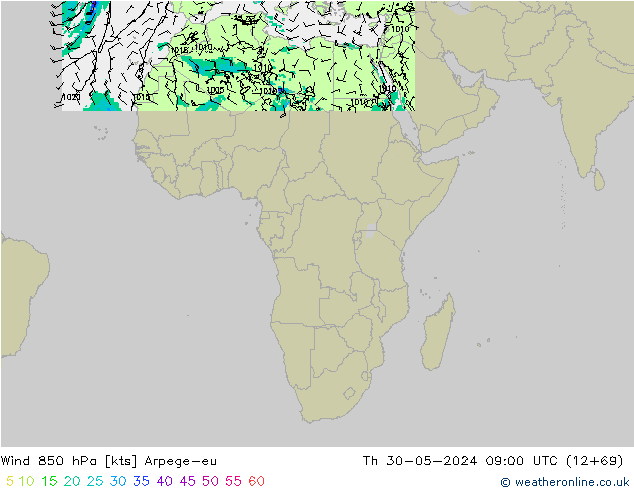 Vento 850 hPa Arpege-eu Qui 30.05.2024 09 UTC