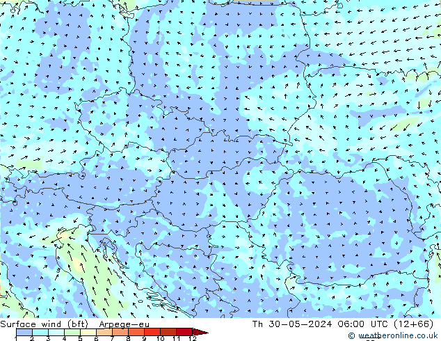 wiatr 10 m (bft) Arpege-eu czw. 30.05.2024 06 UTC