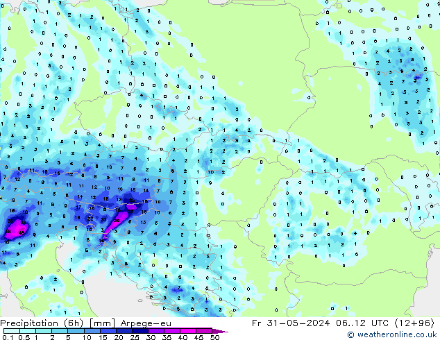 Precipitazione (6h) Arpege-eu ven 31.05.2024 12 UTC