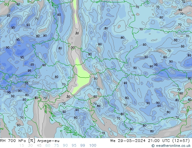 RH 700 гПа Arpege-eu ср 29.05.2024 21 UTC