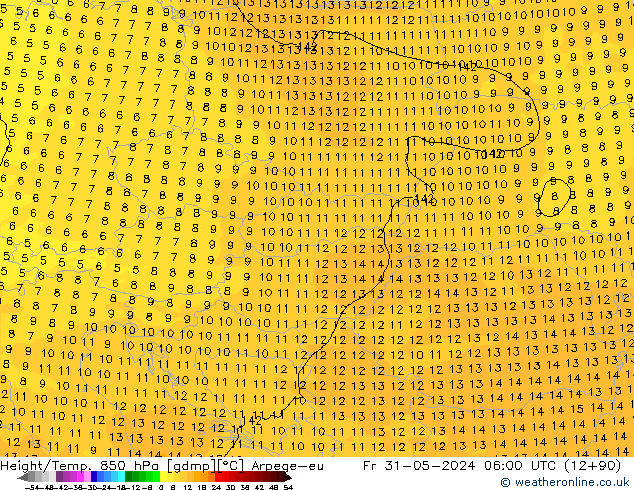 Geop./Temp. 850 hPa Arpege-eu vie 31.05.2024 06 UTC