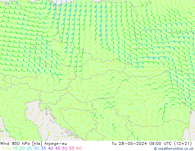 Wind 850 hPa Arpege-eu Tu 28.05.2024 09 UTC