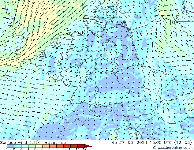 Surface wind (bft) Arpege-eu Mo 27.05.2024 15 UTC