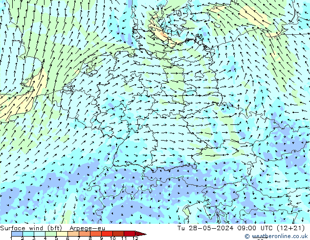 Viento 10 m (bft) Arpege-eu mar 28.05.2024 09 UTC