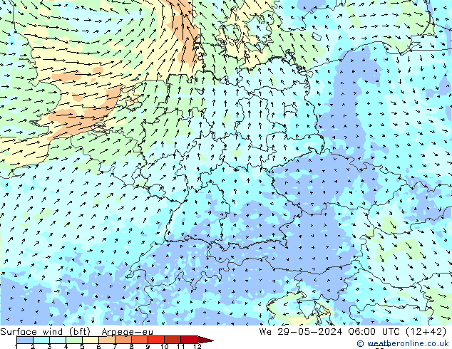 Vent 10 m (bft) Arpege-eu mer 29.05.2024 06 UTC