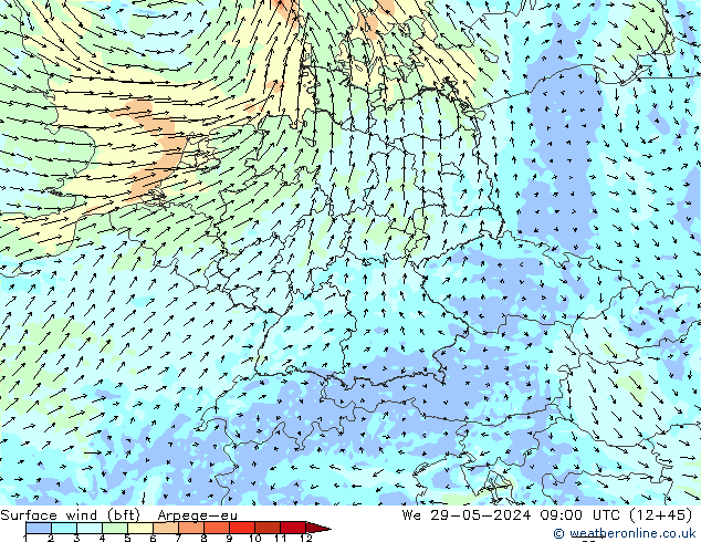 Surface wind (bft) Arpege-eu We 29.05.2024 09 UTC
