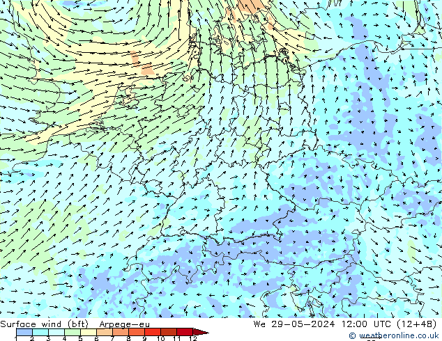 Surface wind (bft) Arpege-eu We 29.05.2024 12 UTC