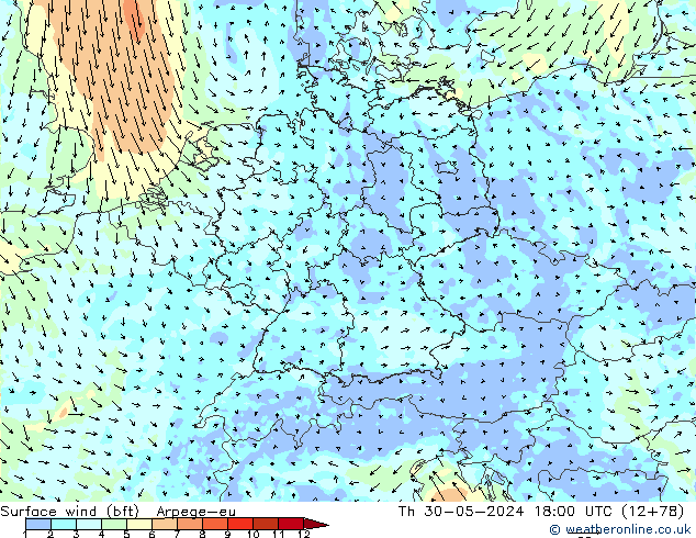 Bodenwind (bft) Arpege-eu Do 30.05.2024 18 UTC