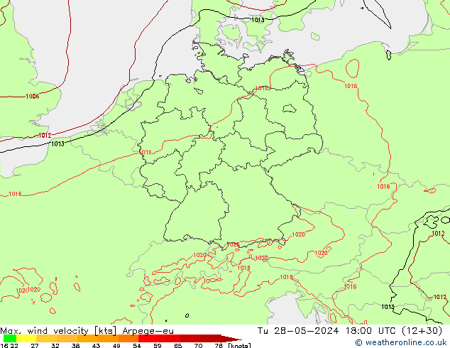 Max. wind velocity Arpege-eu wto. 28.05.2024 18 UTC