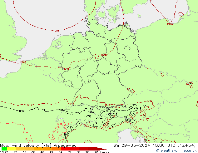 Max. wind velocity Arpege-eu St 29.05.2024 18 UTC