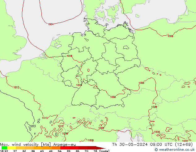 Max. wind velocity Arpege-eu jue 30.05.2024 09 UTC