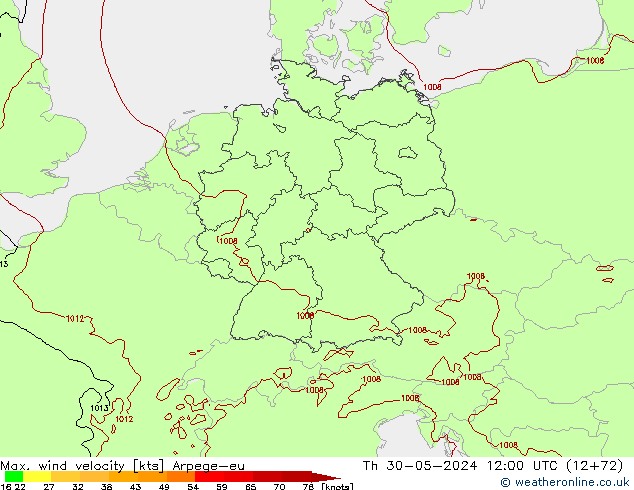 Max. wind velocity Arpege-eu jeu 30.05.2024 12 UTC