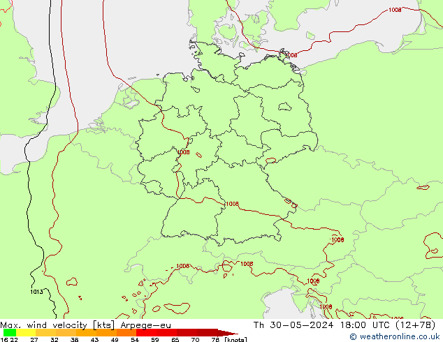 Max. wind velocity Arpege-eu  30.05.2024 18 UTC