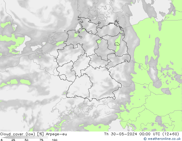 Cloud cover (low) Arpege-eu Th 30.05.2024 00 UTC