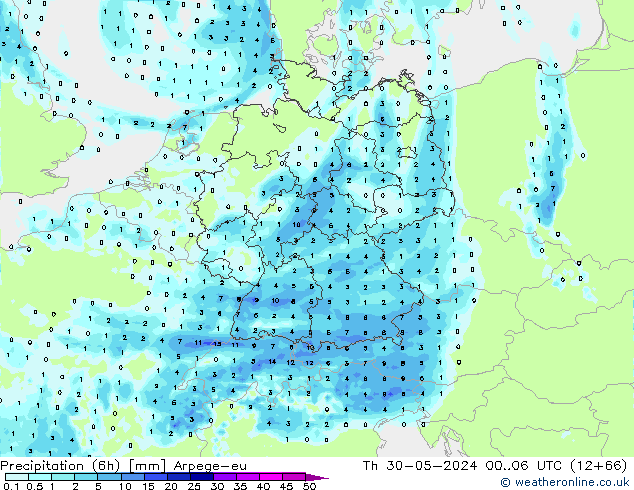 Precipitação (6h) Arpege-eu Qui 30.05.2024 06 UTC