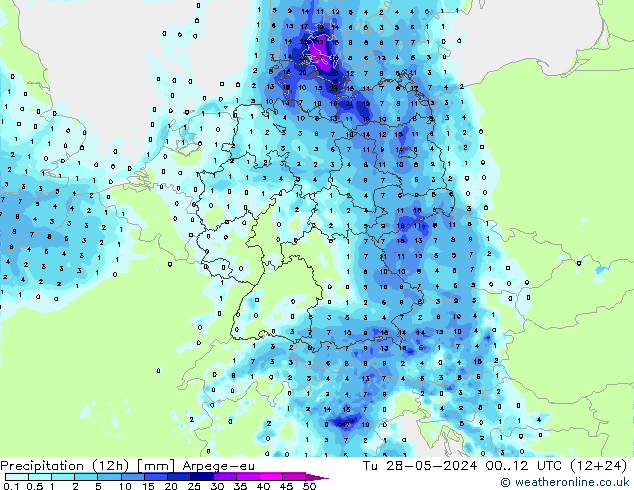 Precipitation (12h) Arpege-eu Út 28.05.2024 12 UTC