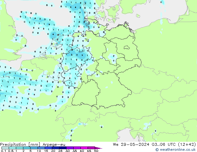 Precipitazione Arpege-eu mer 29.05.2024 06 UTC