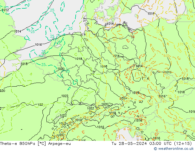 Theta-e 850hPa Arpege-eu Tu 28.05.2024 03 UTC
