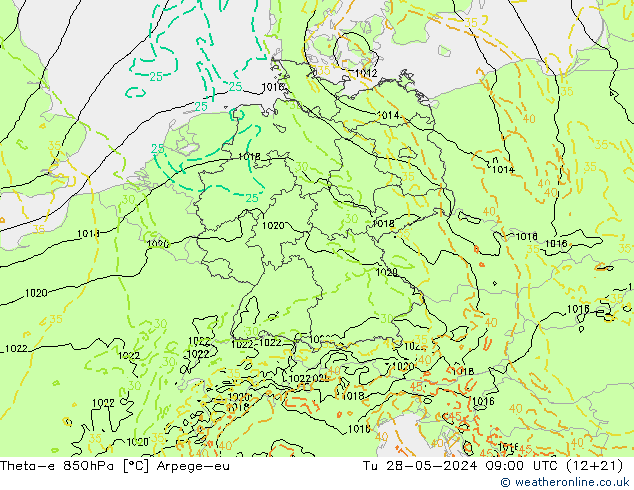 Theta-e 850hPa Arpege-eu Di 28.05.2024 09 UTC