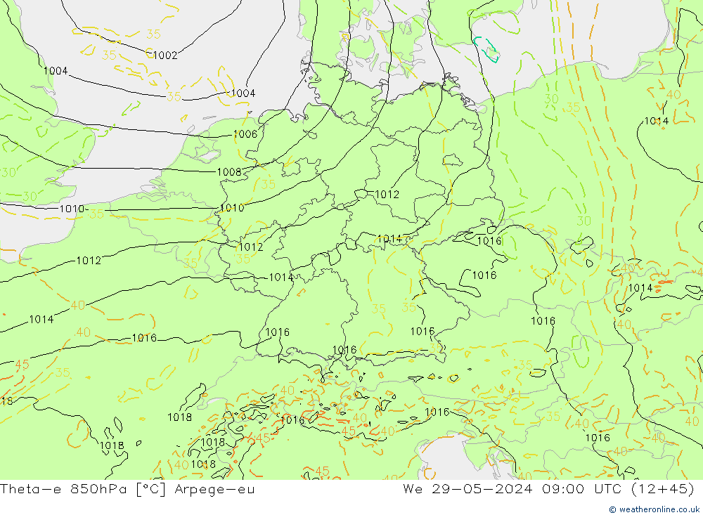 Theta-e 850hPa Arpege-eu Mi 29.05.2024 09 UTC