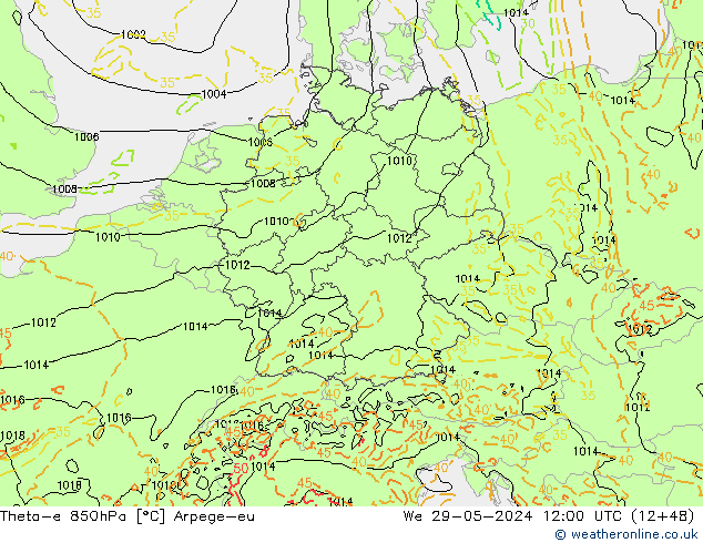 Theta-e 850hPa Arpege-eu We 29.05.2024 12 UTC