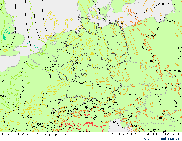 Theta-e 850hPa Arpege-eu do 30.05.2024 18 UTC