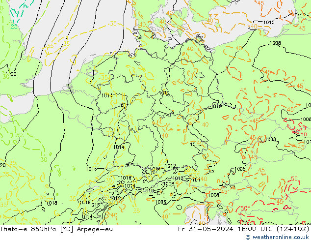 Theta-e 850гПа Arpege-eu пт 31.05.2024 18 UTC