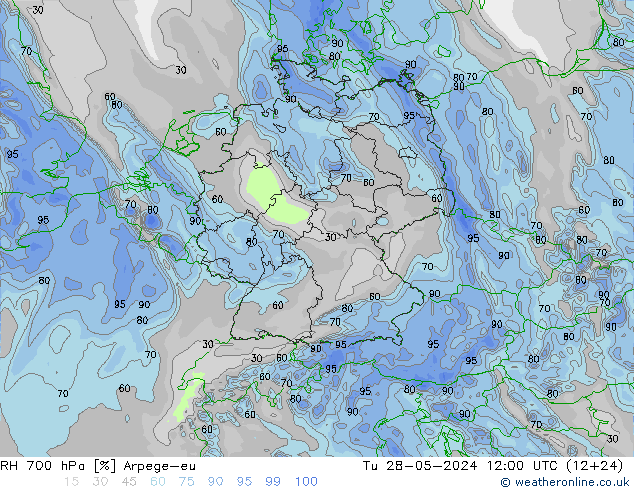 Humedad rel. 700hPa Arpege-eu mar 28.05.2024 12 UTC