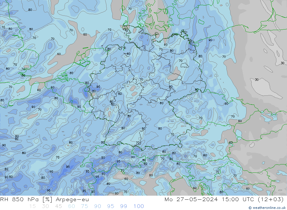 RH 850 гПа Arpege-eu пн 27.05.2024 15 UTC