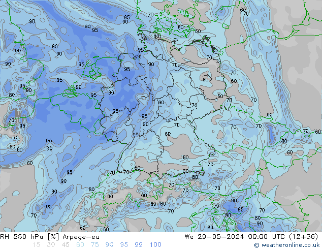 Humidité rel. 850 hPa Arpege-eu mer 29.05.2024 00 UTC