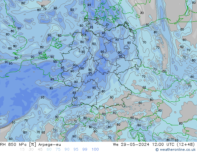 RH 850 hPa Arpege-eu We 29.05.2024 12 UTC