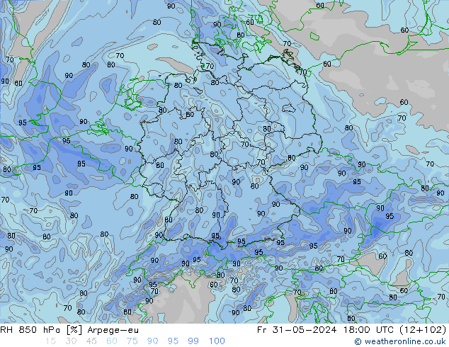 RH 850 hPa Arpege-eu Fr 31.05.2024 18 UTC