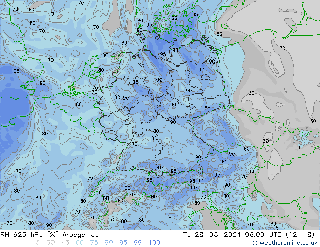 RH 925 hPa Arpege-eu Út 28.05.2024 06 UTC