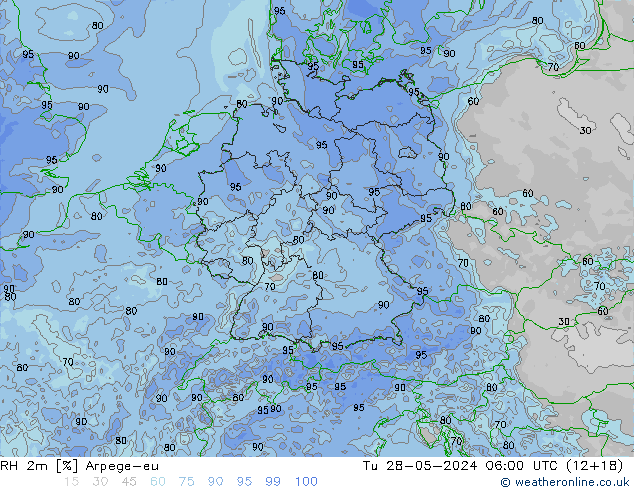 RH 2m Arpege-eu Út 28.05.2024 06 UTC