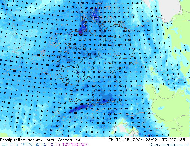 Precipitation accum. Arpege-eu Čt 30.05.2024 03 UTC