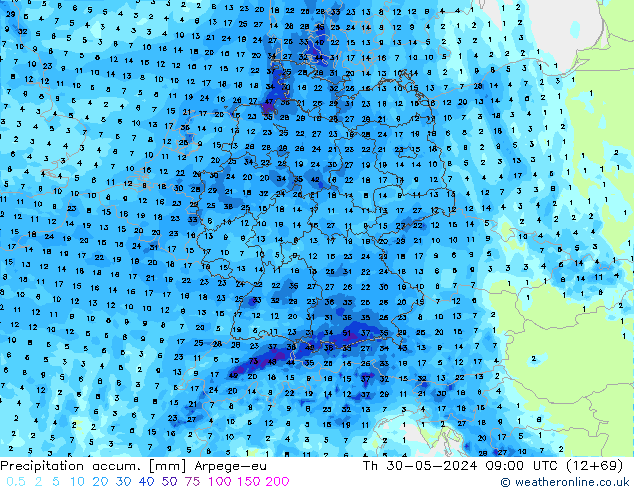 Precipitation accum. Arpege-eu Th 30.05.2024 09 UTC