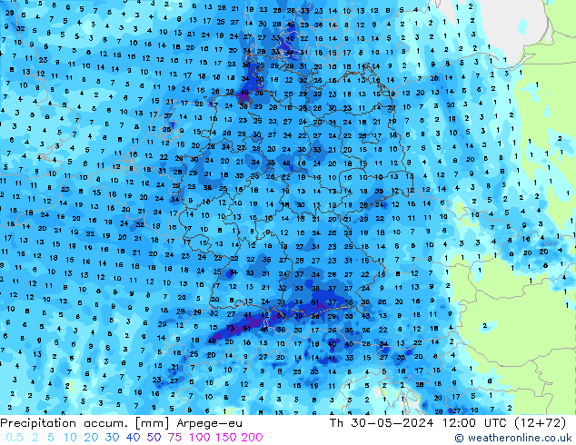 Précipitation accum. Arpege-eu jeu 30.05.2024 12 UTC