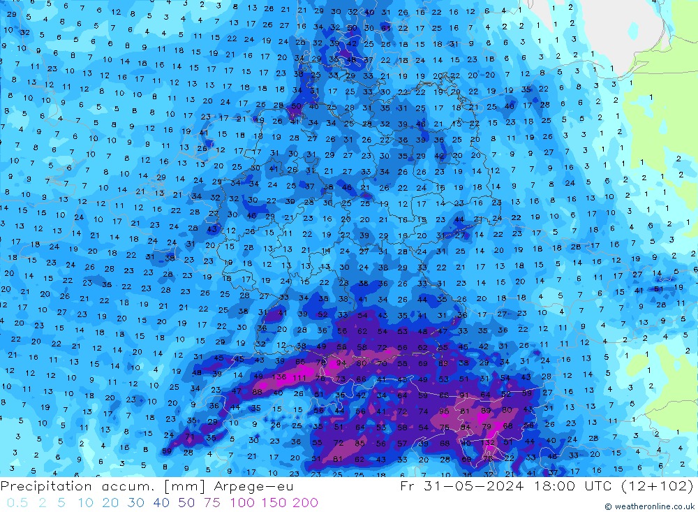 Precipitation accum. Arpege-eu Fr 31.05.2024 18 UTC