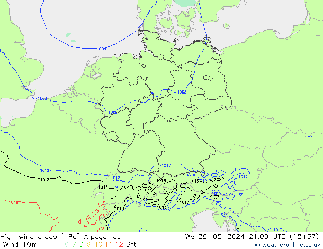 High wind areas Arpege-eu Qua 29.05.2024 21 UTC