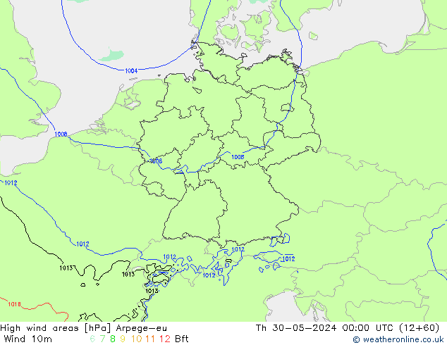 High wind areas Arpege-eu Th 30.05.2024 00 UTC