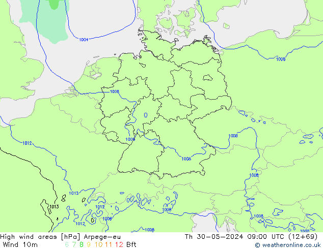 High wind areas Arpege-eu чт 30.05.2024 09 UTC