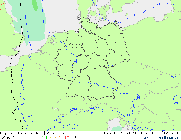 High wind areas Arpege-eu Qui 30.05.2024 18 UTC