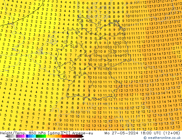 Géop./Temp. 850 hPa Arpege-eu lun 27.05.2024 18 UTC