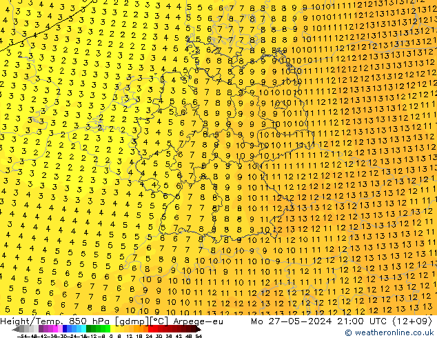 Hoogte/Temp. 850 hPa Arpege-eu ma 27.05.2024 21 UTC