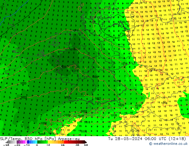 SLP/Temp. 850 hPa Arpege-eu Tu 28.05.2024 06 UTC